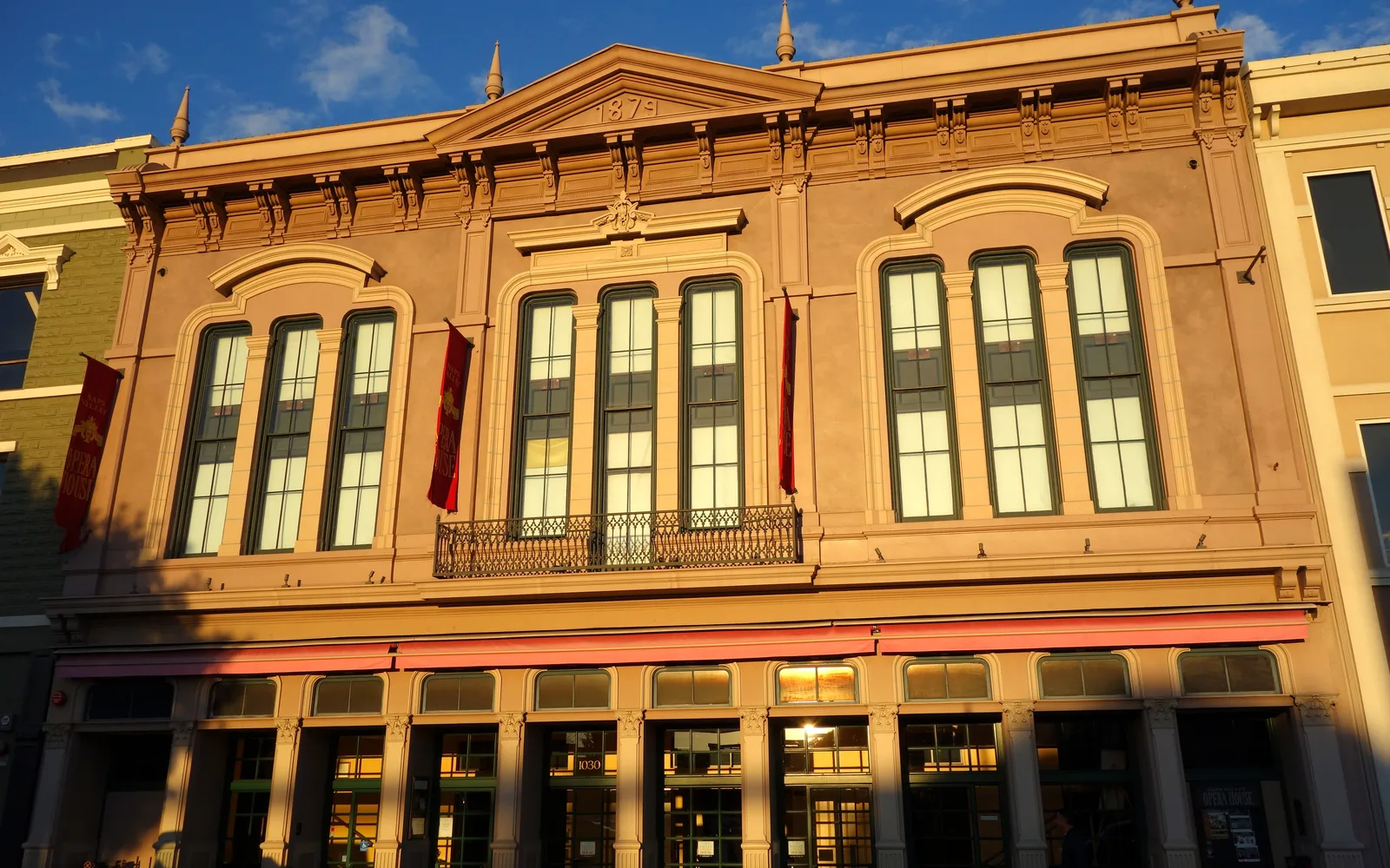 The Napa Valley Opera House, a historic brick building with classical architecture in downtown Napa